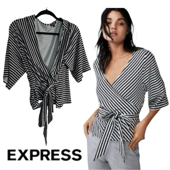 Express Monochrome Striped Wrap Top XL - Picture 1 of 8